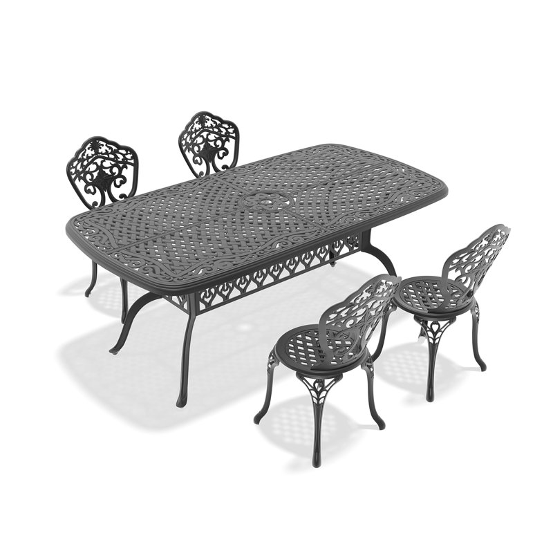 Ensemble de salle à manger rectangulaire noir en aluminium pour l'extérieur, chaise de taille compacte (largeur du siège: 15,35 po), trou de parasol, résistant aux intempéries