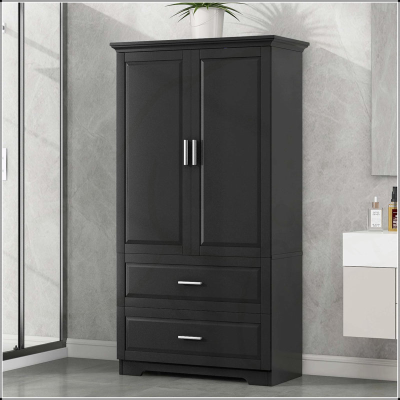 Grande armoire de salle de bain polyvalente avec tablette réglable et grand rangement, Noir