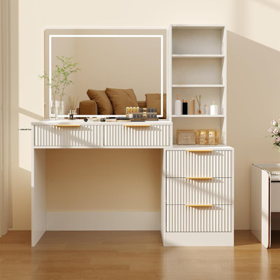 Bureau de meuble-lavabo avec miroir tactile DEL 3 couleurs, coiffeuse de maquillage avec station de charge intégrée, coiffeuse moderne pour chambre à coucher et vestiaire