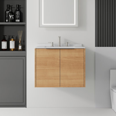 Meuble-lavabo flottant mural 24 po avec lavabo, porte à fermeture en douceur, comptoir et dosseret en marbre de culture blanc de Carrare 0,6 po, armoire en contreplaqué, finition chêne