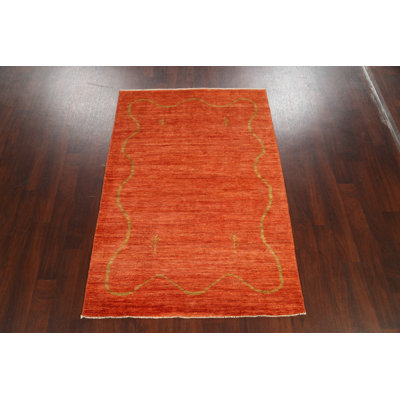 Tapis orange en laine noué à la main de conception unique 4 pi 4 po x 6 pi 4 po New Age