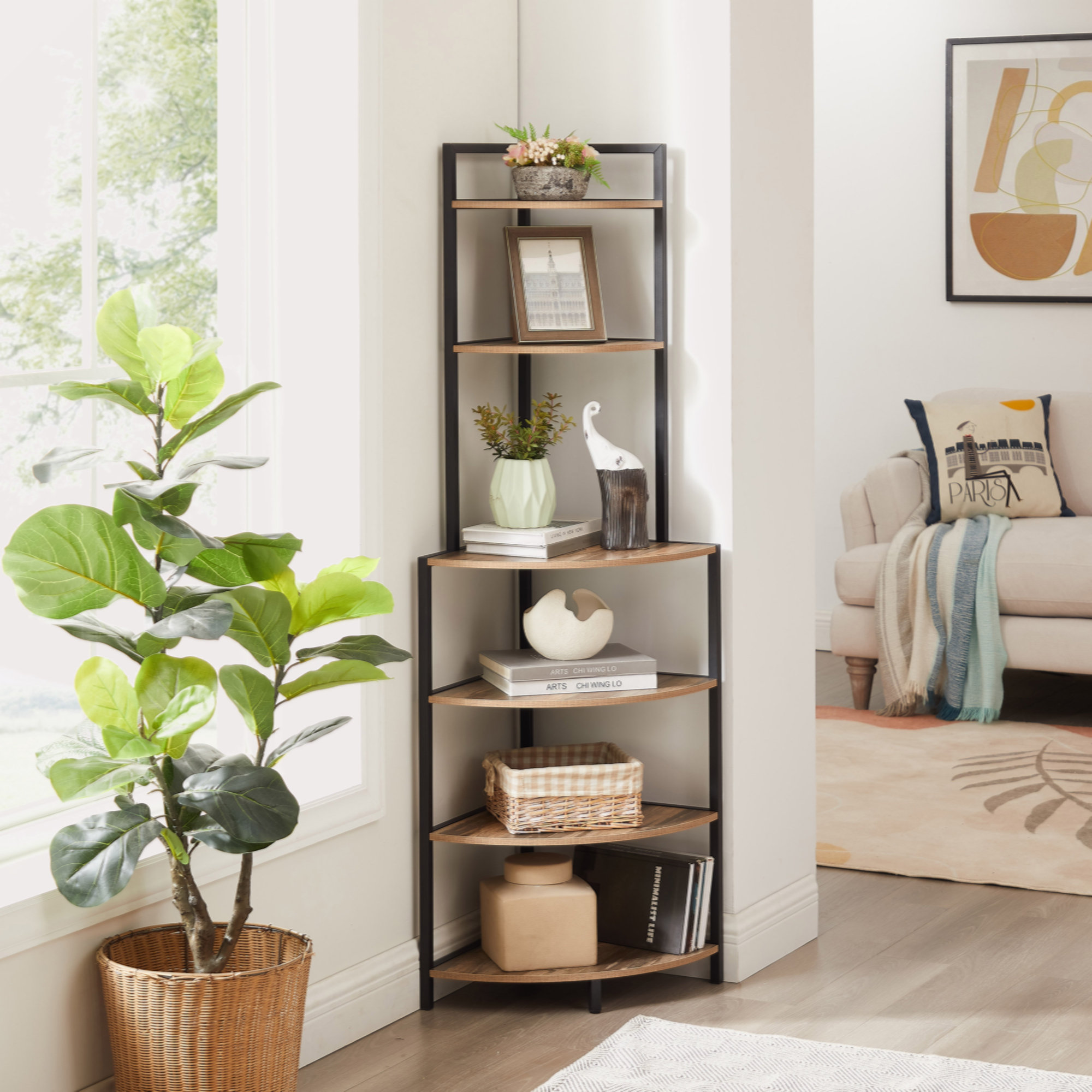 6-Tier Corner Open Bookshelf - Modern Wooden Design