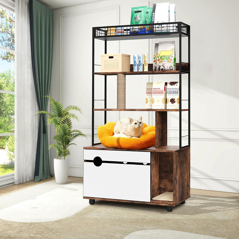 Mobilier moderne pour litière avec étagère de rangement à 4 niveaux, meuble dissimulé pour litière avec griffoir et tapis rembourré, niche intérieure peu encombrante, brun vintage