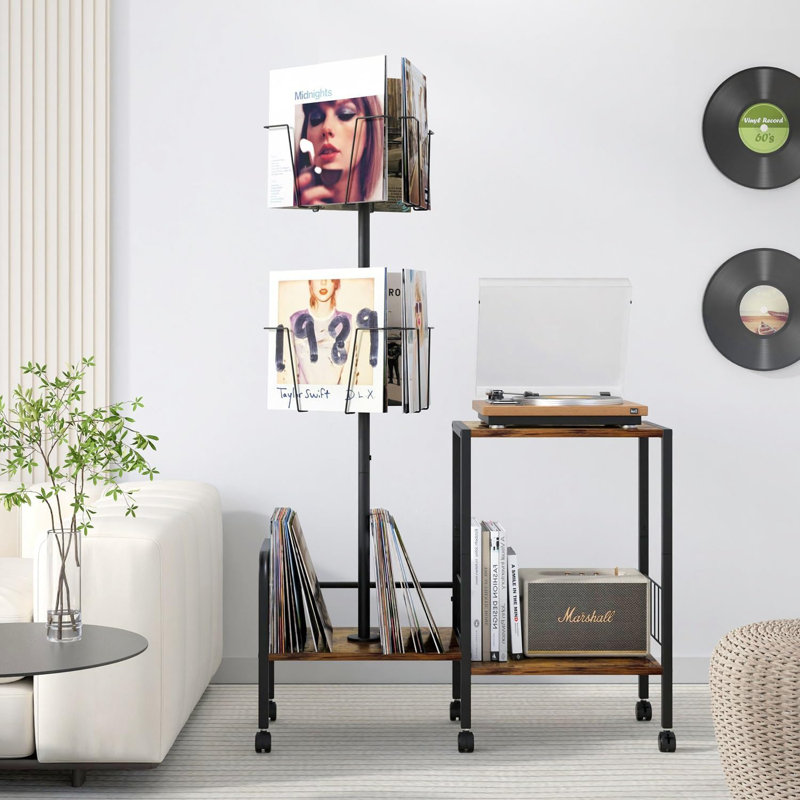 Vinyl Record Player Stand With 360° Rotating Storage, Turntable Table For Living Room, Holds Up To 200 Albums, Durable Multi-Functional Display And Organizer