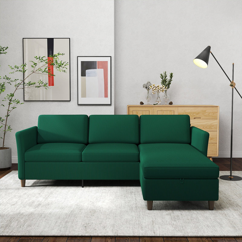 88.5'' W Corduroy Comfy L Shaped Sectional Storage Sofa Modular Cloud Sofa , Green Corduroy