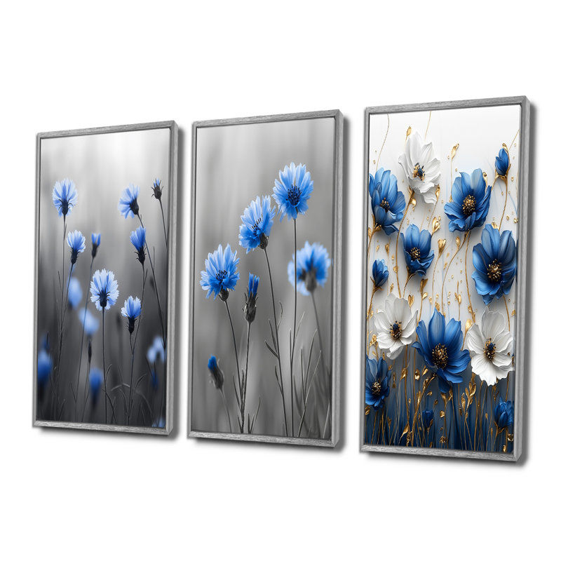 Meadows of Blue Cornflowers I - Collection d'art mural 3 panneaux, H 32 po x l 48 po, Impression encadrée flottante