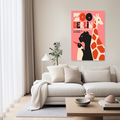 Retro Zoo Berlin Animals Abstract Bold Colorful Cat Giraffe Penguin Wildlife Wall Art Print 1 Piece Wrapped Canvas Wall Art