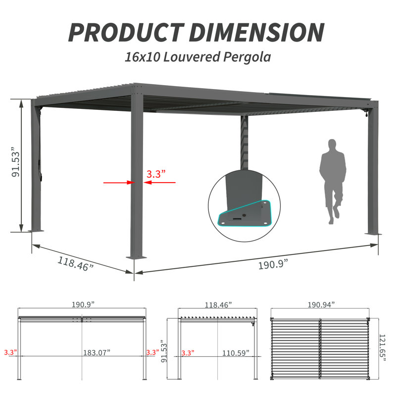 16 ft. W x 10 ft. D Outdoor Aluminum Pergola with Louvered Roof