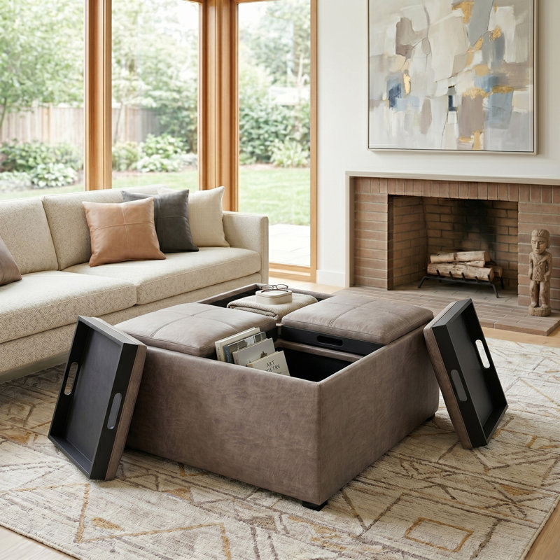 Avalon 35"W Upholstered Distressed Vegan Leather Modern Square Coffee Table Storage Ottoman with 4 Trays, Black