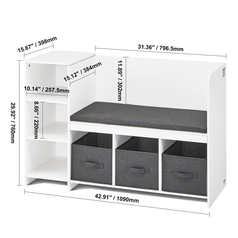Kids Reading Nook Bench 6-Cubby Storage Bookshelf with Seat Cushion White