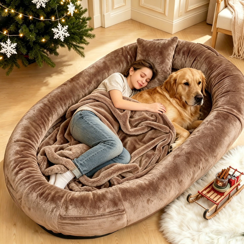 Très grand lit pour chien 71 po pour adultes avec couverture et oreiller 71 po, Marron foncé