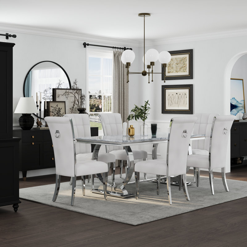 Ensemble de table de salle à manger avec 6 chaises en velours, Argent, 7, Blanc / argent