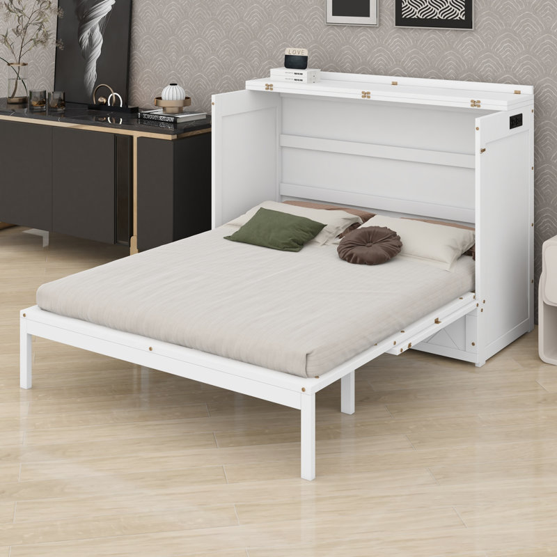Lit escamotable mural Murphy avec tiroir, prises et ports USB, Blanc