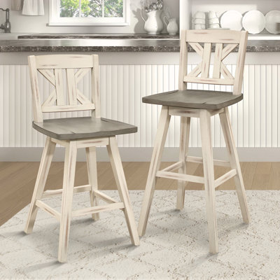 Pub Height Chairs Set Of 2, Distressed Gray 360-Degree Swivel Chair Solid Rubberwood Furniture, Divided X-Back Bar Chairs