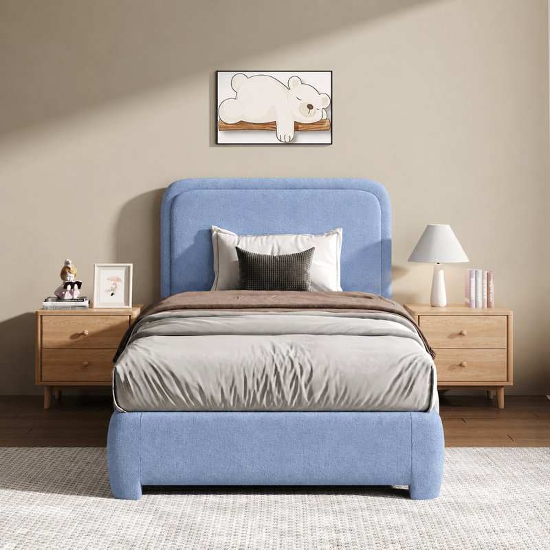 Ensemble de lit plateforme tapissier avec 2 tables de chevet fermées Boucle - Ensemble de chambre à coucher 3 pièces, Bleu