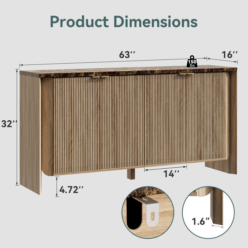 63''Sideboard Buffet Cabinet With Adjustable Shelves, Wood Credenza Storage Cabinets For Dining Room, Living Room, Entryway