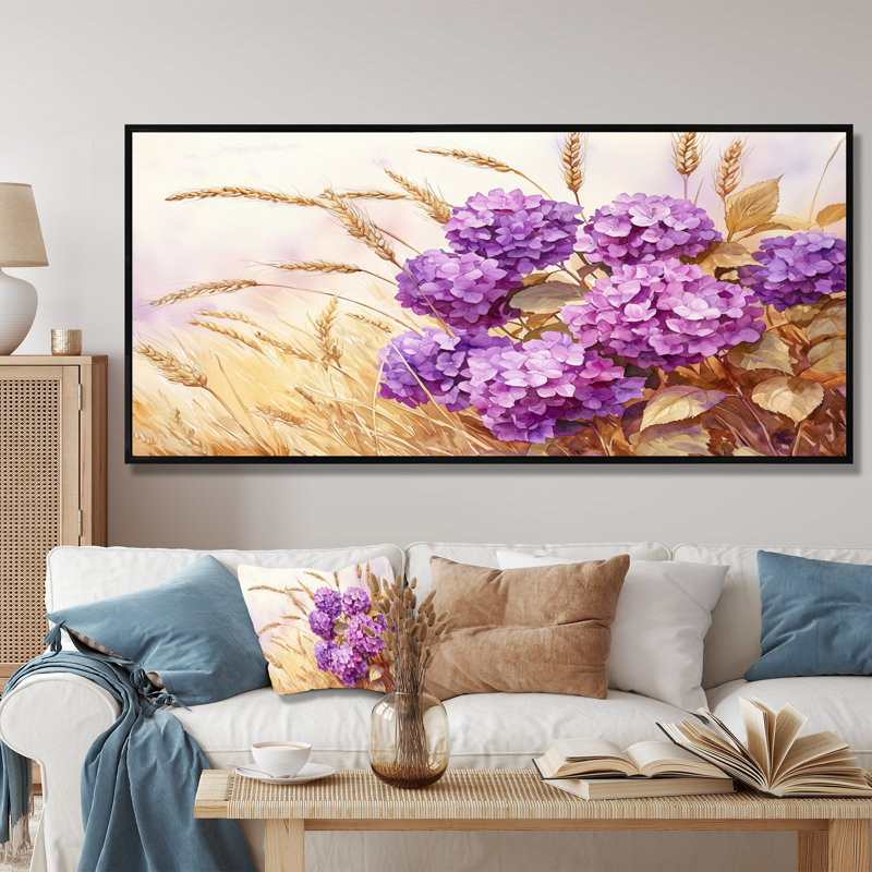 Hortensias dans la récolte de blé III - hydrangées, art mural, H 34 po x l 44 po, Impression de cadre photo, Noir