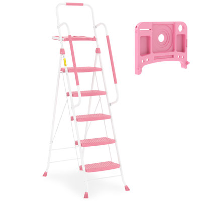 Folding 5-Step Ladder with Handrails and Tool Tray, Anti-Slip Wide Pedal,330Lbs Load Heavy Duty, Portable Steel Step Stool for Kitchen