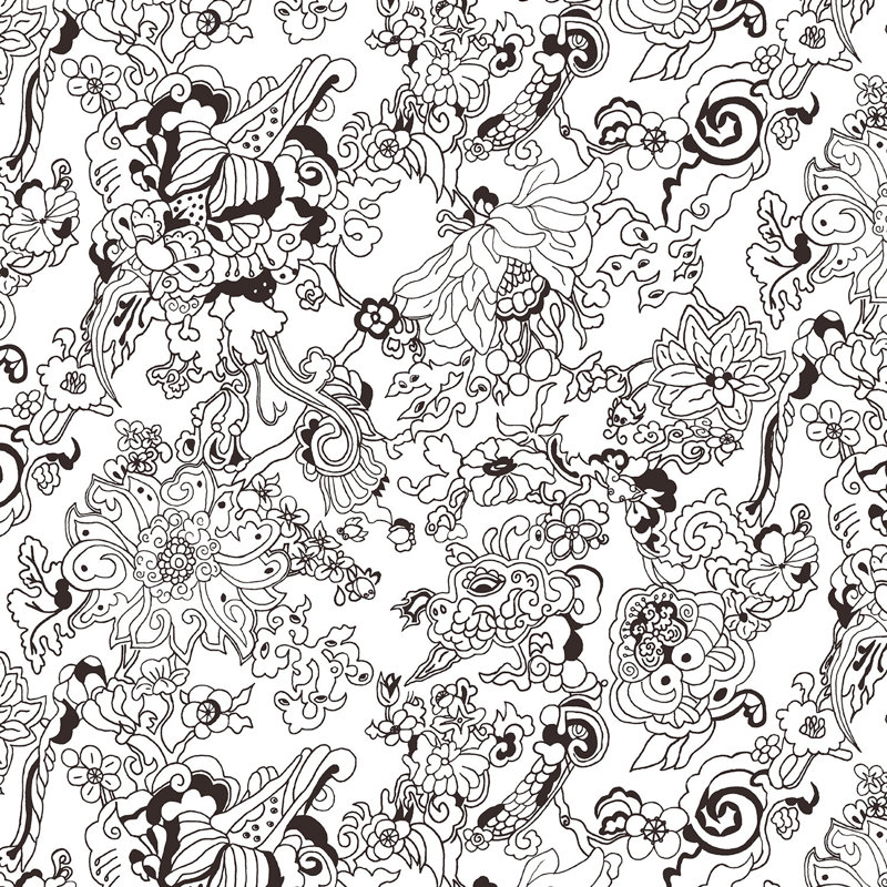 Dragon Flowers, Black on White, Non-Woven