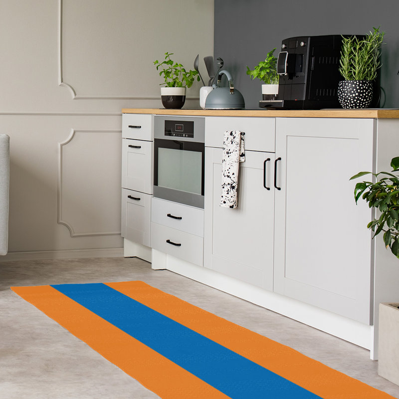 Tapis orange/bleu rayé, Tapis de couloir 2 pi 6 po x 8 pi