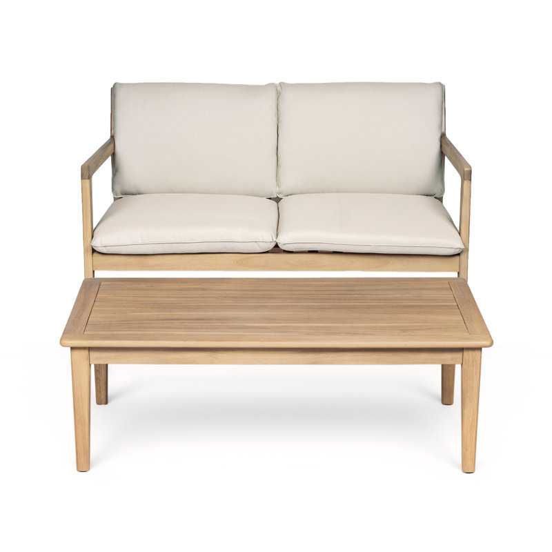 Causeuse d'extérieur avec table basse et coussin en teck clair 2 pièces