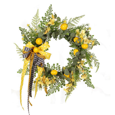 19.7 Inch Lemon Wreath Decoration Artificial Hanging Wreath for Home Decor Vivid Faux Floral Garland for Front Door Wall and Kitchen for Housewarming