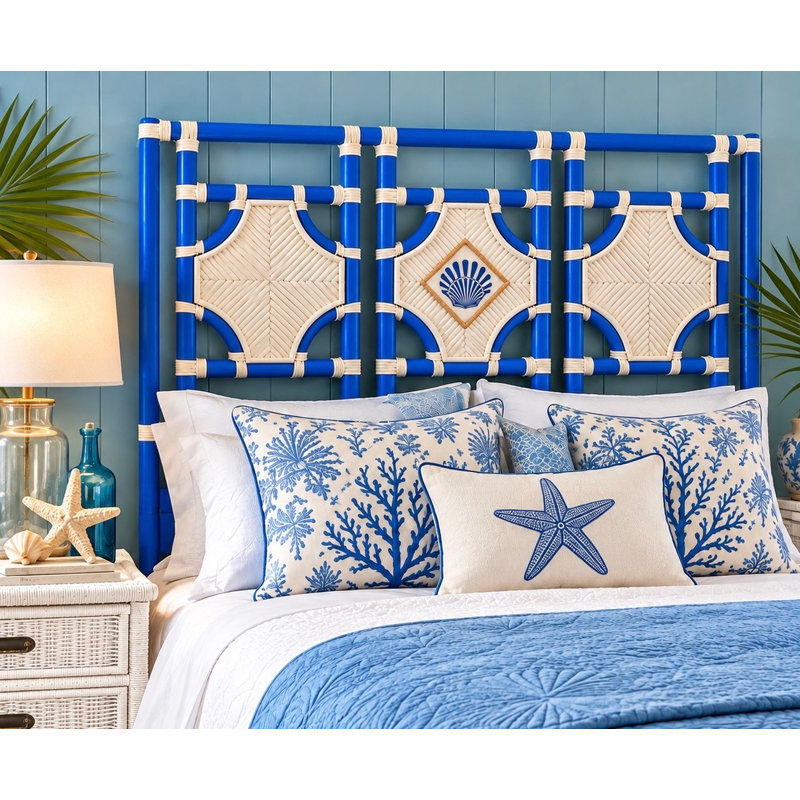 Joy Headboard with Blue Poles and White Leather