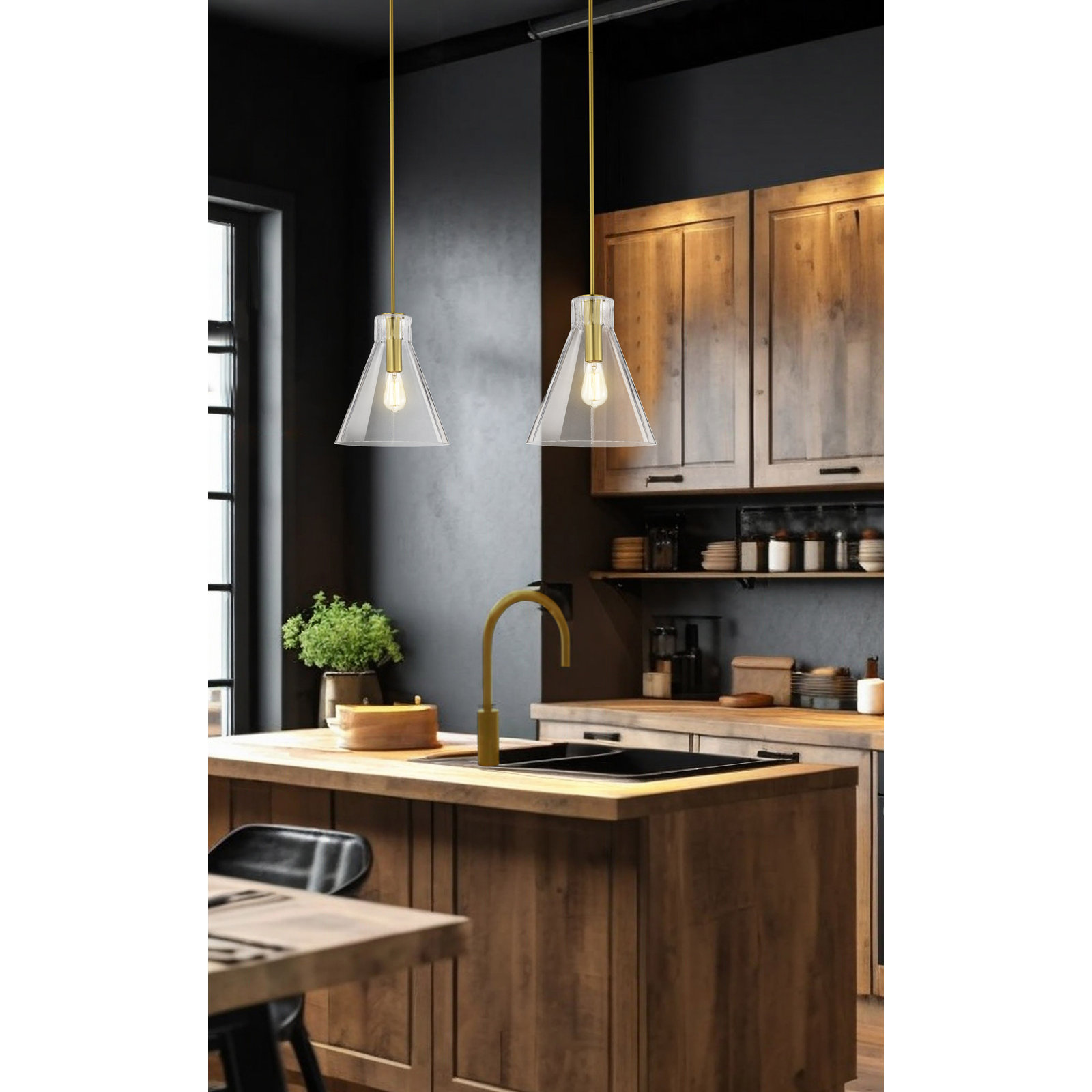 Gianna - 1 Light Medium Pendant - Brushed Nickel Finish - Clear Glass, Vintage Brass, 14" H x 12" W x 12" D