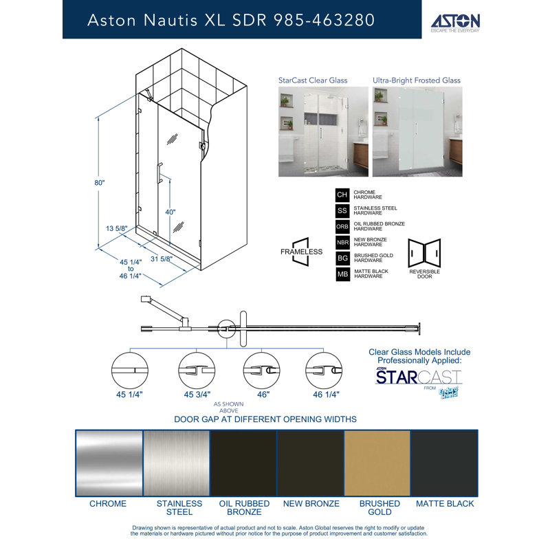 Nautis XL 45.25 - 46.25 in. W x 80 in. H Hinged Frameless Shower Door with Clear StarCast Glass, Oil Rubbed Bronze