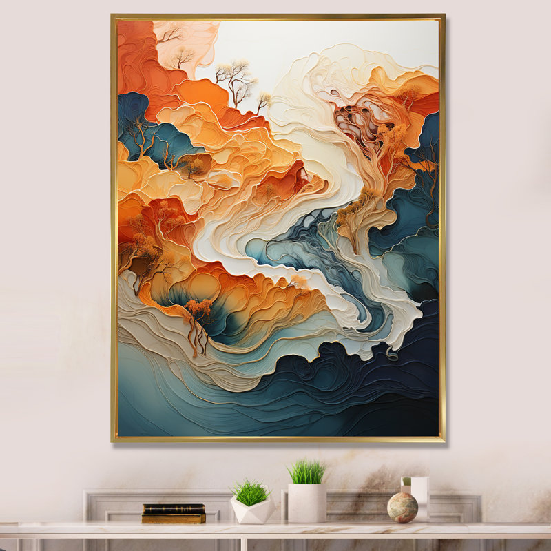 «Abstract Orange and Blue River Ink I», reproduction d'art sur toile abstraite en marbre, Cadre flottant doré