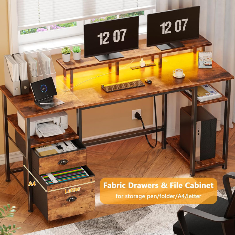 61" Desk With LED Light & Power Outlets, Reversible Computer Table With File Cabinet & Drawer, White Gaming Desk Writing Table With Dual Monitor Stand, For Home/Office