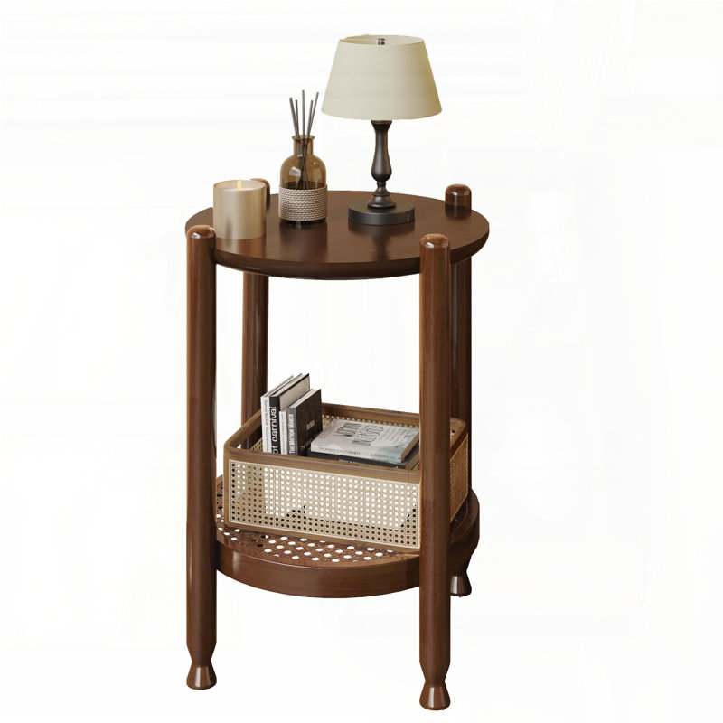 Table de bout ronde avec étagère de rangement en rotin tissé - bois rustique à 2 niveaux (brun rouge), Brun rouge