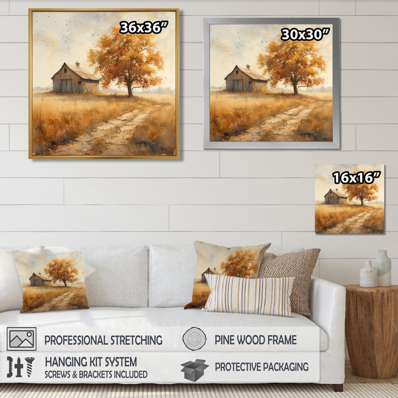 Jaune, brun, automne, campagne, délice, grange, salon, art mural, Toile encadrée noire simple, H 30 po x l 30 po x P 1 po