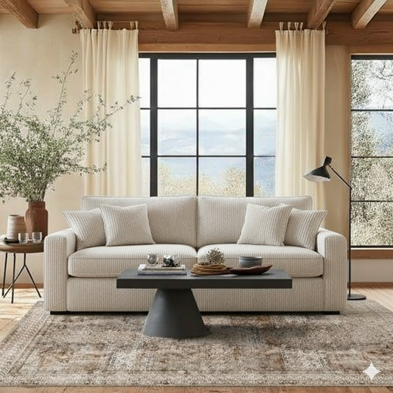 Canapé 81 po en velours côtelé avec coussins 81 po, Beige