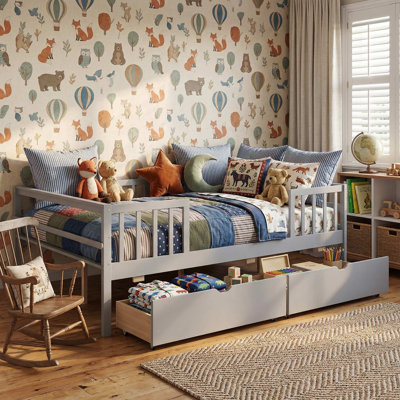 Full Size Kids Multifunctional Daybed, Raised Safety Guardrails & 2 Spacious Pull-Out Storage Drawers, Non-Toxic Scratch-Resistant Finish, No Box Spring Required