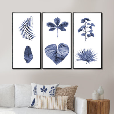 Abstrait bleu, ensemble de feuilles de plantes - impression sur toile flottante 3 pièces