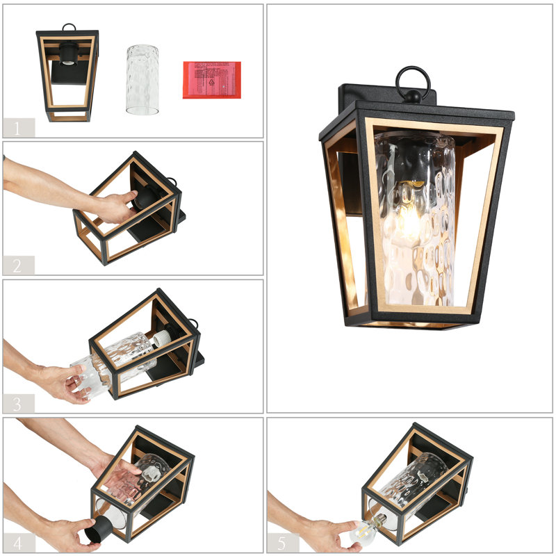 Vendramin 1-Light Dimmable Wall Light with Hammered Glass Shade, Black/Gold