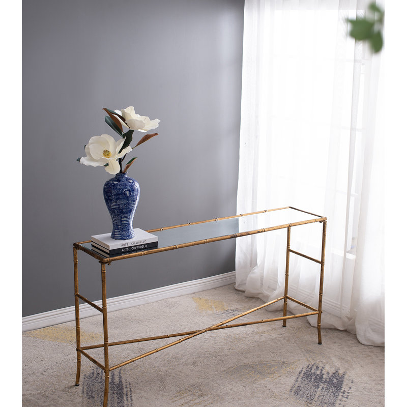 Console 56,5 x 14 x 30 po or antique, plateau en miroir