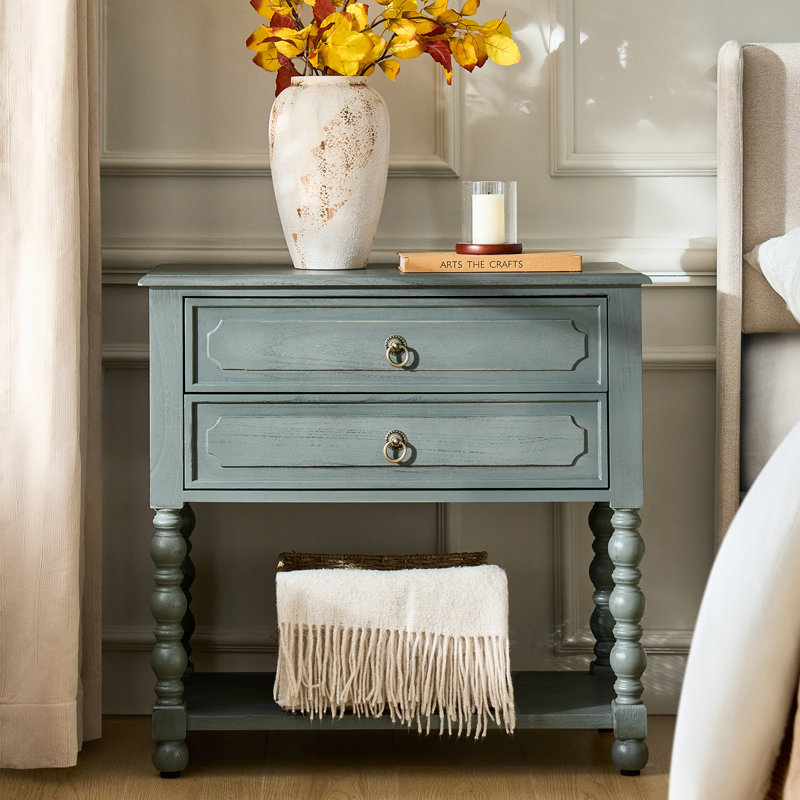 Aristidh Traditional 30"Tall Solid Wood 2-Drawer End Table with Built-in Charging Outlets, Blue