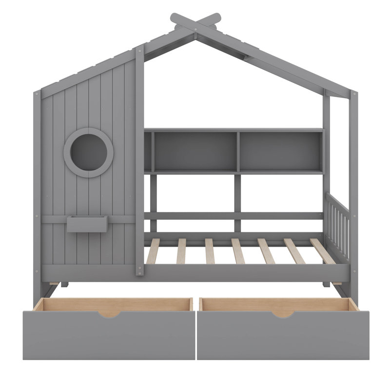 Lit simple en bois sur le thème de la maison avec deux tiroirs et tablette de rangement, Gris