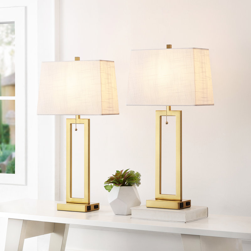28.5" Metal Table Lamp Set With USB, Type-C Ports And Built-In Outlet(Set Of 2), Brushed Gold, Pull Chain