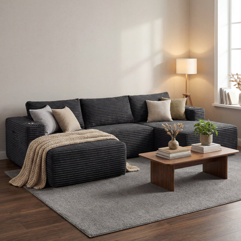 Canapé modulaire en L 108 po avec méridienne 108 po, Velours côtelé gris foncé