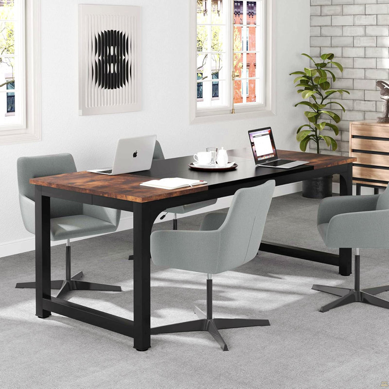 Bureau de direction 70,8 po, grand poste de travail moderne avec structure en métal épais, mobilier rustique brun et noir pour le bureau personnel