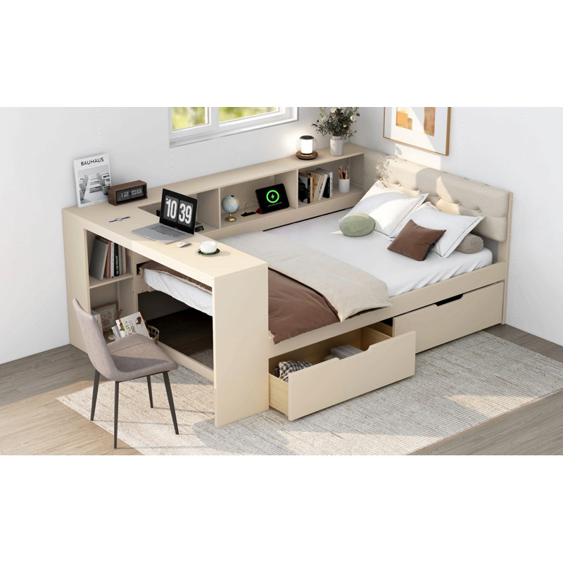 Lit plateforme en bois avec tablettes de rangement, tiroirs, station de charge et tête de lit tapissier, Lit double