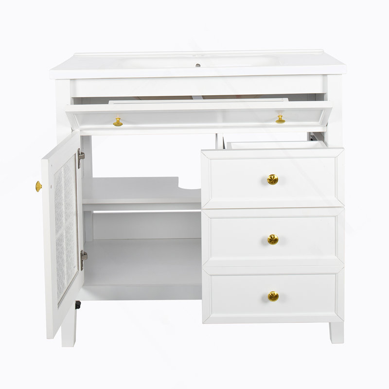 Mid-Century Bathroom Vanity Sink With Patterned Glass & Motion-Sensor Light Strip, White