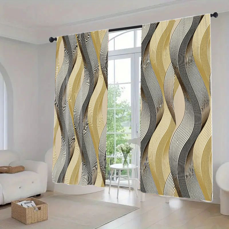 2Pcs Abstract Geometric Wave Pattern  Light Filtering Curtain, Modern Minimalist Striped Rod Pocket Window Drapes For living bedroom Kitchen Dining Cafe, Decor Home Treatment