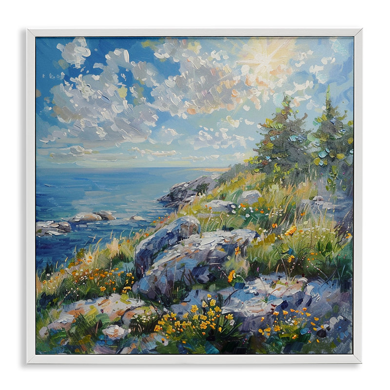  Art giclée Cliffside Sea View par LSR Design Studio, H 17 po x l 17 po, Estampe numérique encadrée blanc bord de mer