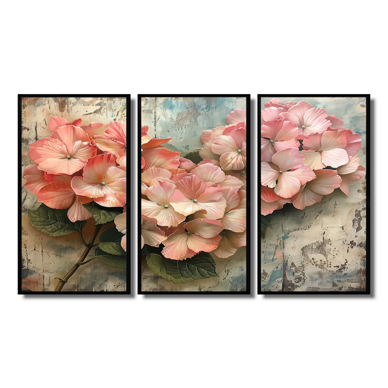 Hydrangea Country Charm I - Hydrangea, ensemble d'art mural, H 28 po x l 36 po x P 1 po, Toile avec cadre flottant noir