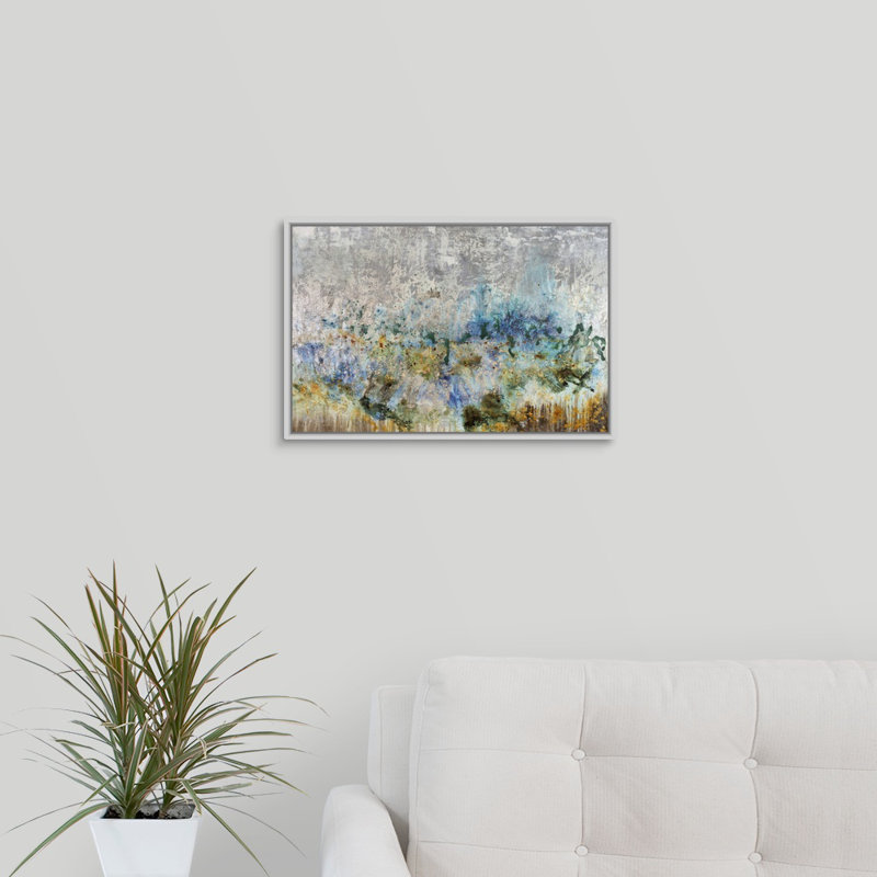 « émergeant de rêve », peinture sur toile, H 13,7 po x l 19,7 po x p 1,75 po, Cadre flottant blanc