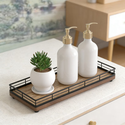 Wood Vanity Tray With Iron Mesh Edges, Bathroom Countertop Organizer For Dresser, Kitchen, Coffee Bar, And Home Decor
